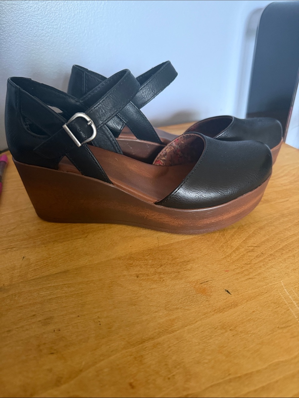 b.o.c. Black Leather Mary Jane Platform Wedge